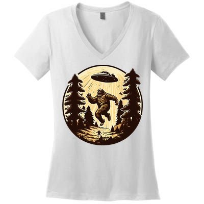 Alien And Bigfoot UFO Bigfoot Alien Women's V-Neck T-Shirt