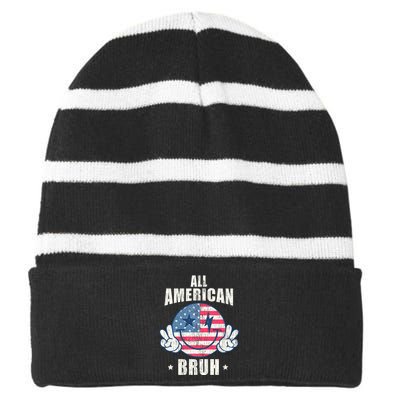 All American Bruh 4th Of July Boy Patriotic Striped Beanie with Solid Band