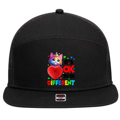 Autism Awareness Cat ItS Ok To Be Different Funny Autistic Gift 7 Panel Mesh Trucker Snapback Hat