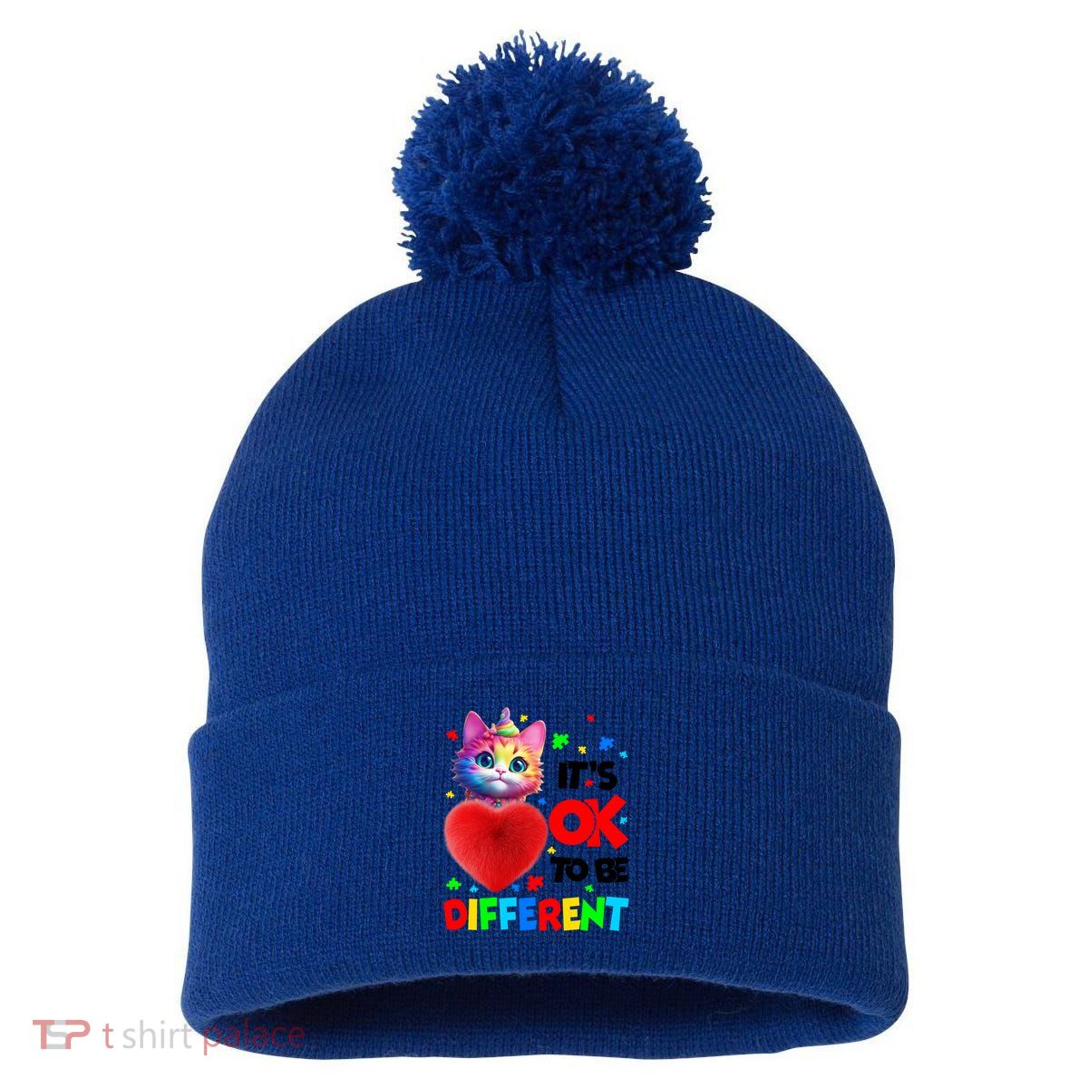 Autism Awareness Cat ItS Ok To Be Different Funny Autistic Gift Pom Pom 12in Knit Beanie