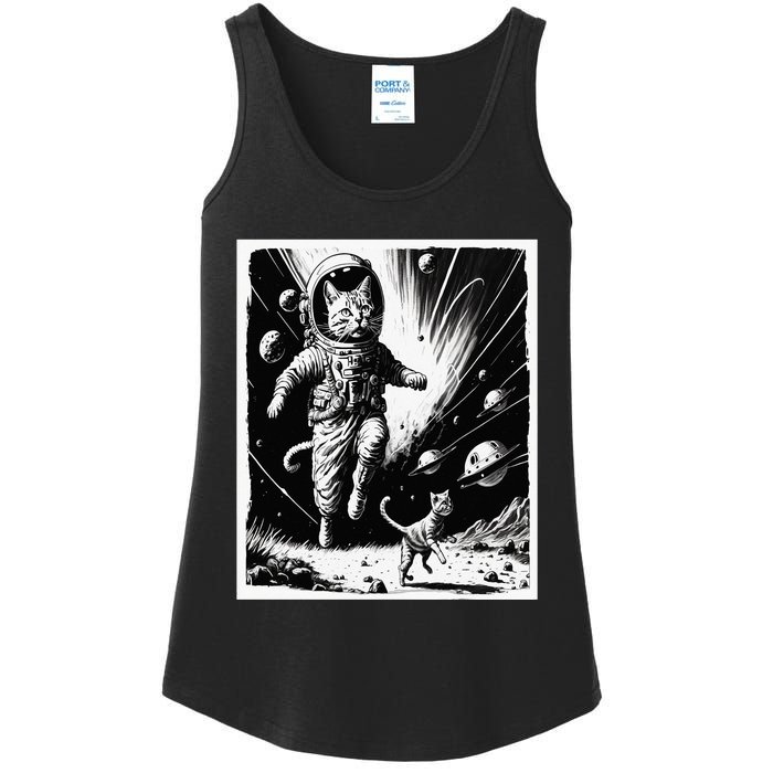 Aliens Abducting cats into Flying UFO Saucer in Cosmic Space Ladies Essential Tank