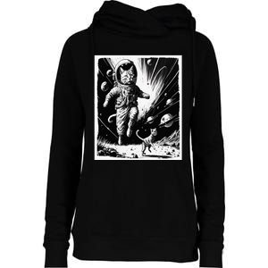 Aliens Abducting cats into Flying UFO Saucer in Cosmic Space Womens Funnel Neck Pullover Hood