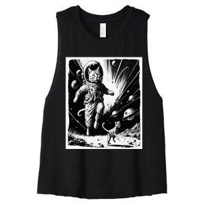 Aliens Abducting cats into Flying UFO Saucer in Cosmic Space Women's Racerback Cropped Tank