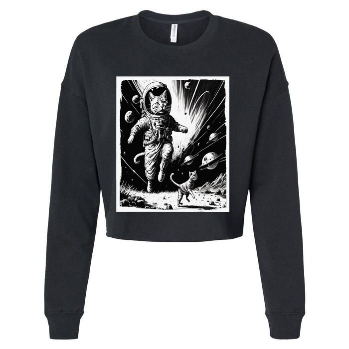 Aliens Abducting cats into Flying UFO Saucer in Cosmic Space Cropped Pullover Crew