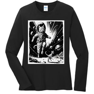 Aliens Abducting cats into Flying UFO Saucer in Cosmic Space Ladies Long Sleeve Shirt