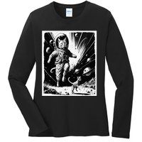 Aliens Abducting cats into Flying UFO Saucer in Cosmic Space Ladies Long Sleeve Shirt