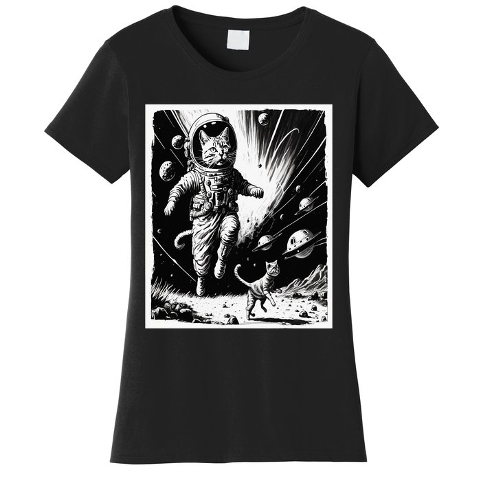 Aliens Abducting cats into Flying UFO Saucer in Cosmic Space Women's T-Shirt