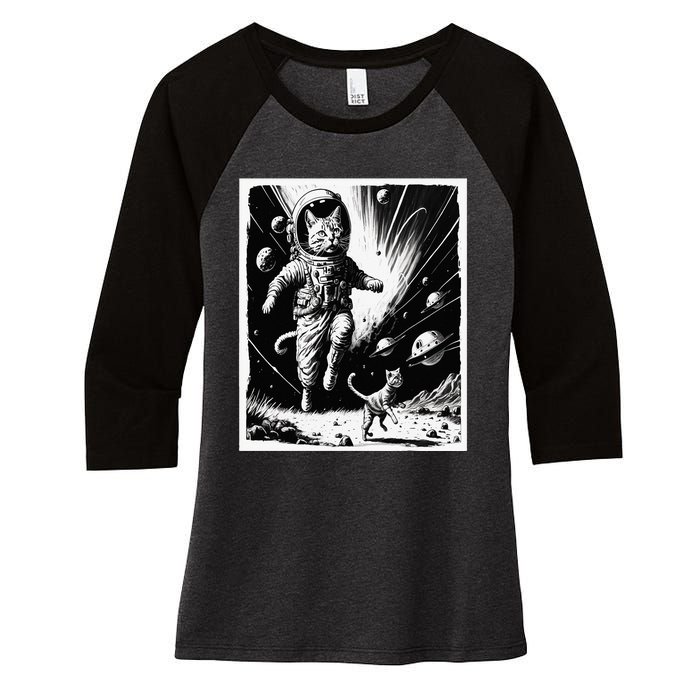 Aliens Abducting cats into Flying UFO Saucer in Cosmic Space Women's Tri-Blend 3/4-Sleeve Raglan Shirt