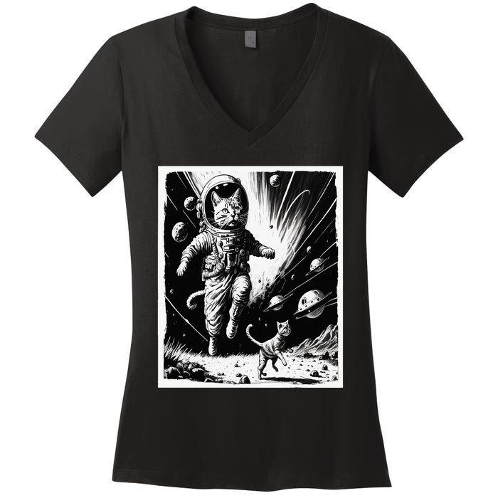 Aliens Abducting cats into Flying UFO Saucer in Cosmic Space Women's V-Neck T-Shirt