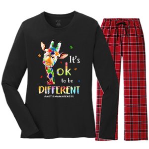 Autism Awareness Cute Giraffe Animal It's Ok To Be Different Women's Long Sleeve Flannel Pajama Set 