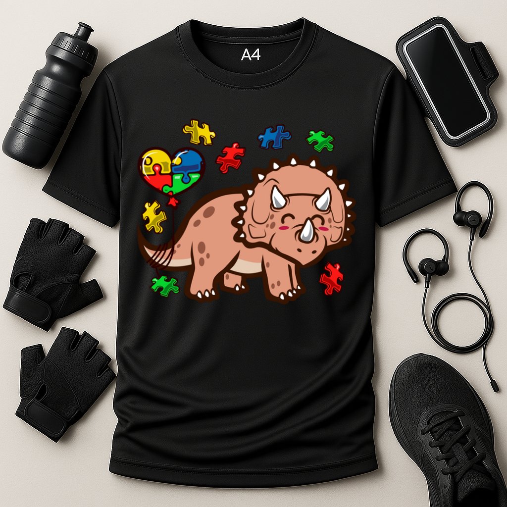Autism Awareness Cute Triceratops Dinosaur Puzzle Heart Love Gift Cooling Performance Crew T-Shirt