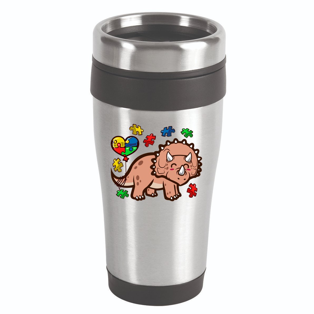 Autism Awareness Cute Triceratops Dinosaur Puzzle Heart Love Gift 16oz Travel Tumbler