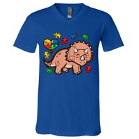 Autism Awareness Cute Triceratops Dinosaur Puzzle Heart Love Gift V-Neck T-Shirt