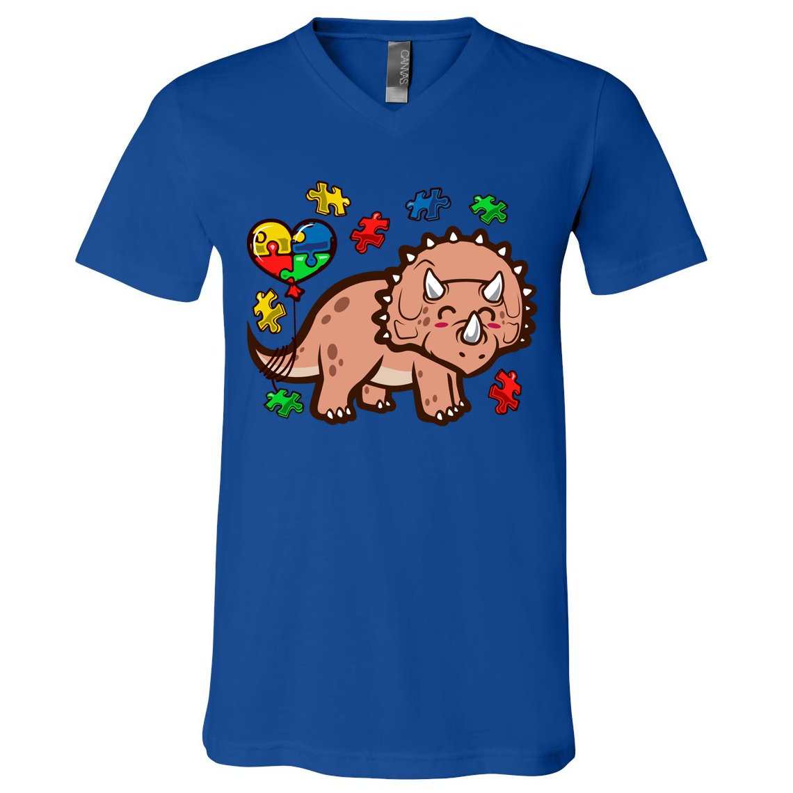 Autism Awareness Cute Triceratops Dinosaur Puzzle Heart Love Gift V-Neck T-Shirt