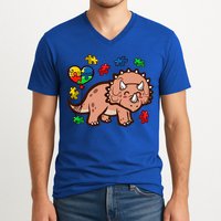 Autism Awareness Cute Triceratops Dinosaur Puzzle Heart Love Gift V-Neck T-Shirt