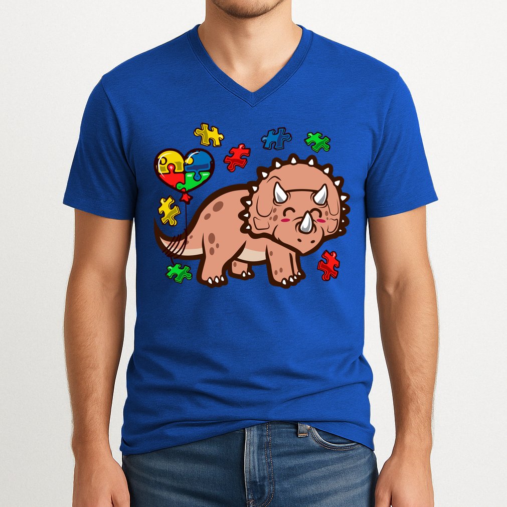 Autism Awareness Cute Triceratops Dinosaur Puzzle Heart Love Gift V-Neck T-Shirt