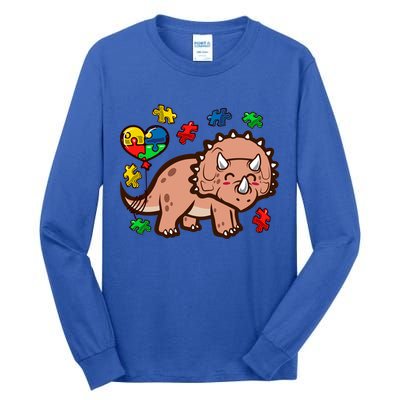 Autism Awareness Cute Triceratops Dinosaur Puzzle Heart Love Gift Tall Long Sleeve T-Shirt