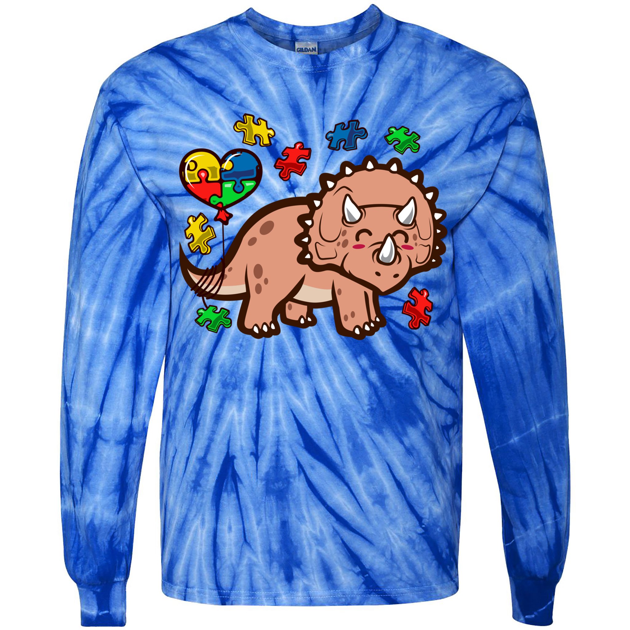 Autism Awareness Cute Triceratops Dinosaur Puzzle Heart Love Gift Tie-Dye Long Sleeve Shirt