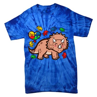 Autism Awareness Cute Triceratops Dinosaur Puzzle Heart Love Gift Tie-Dye T-Shirt
