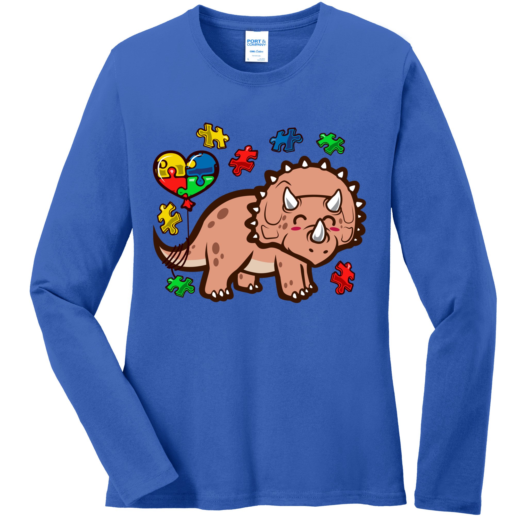 Autism Awareness Cute Triceratops Dinosaur Puzzle Heart Love Gift Ladies Long Sleeve Shirt