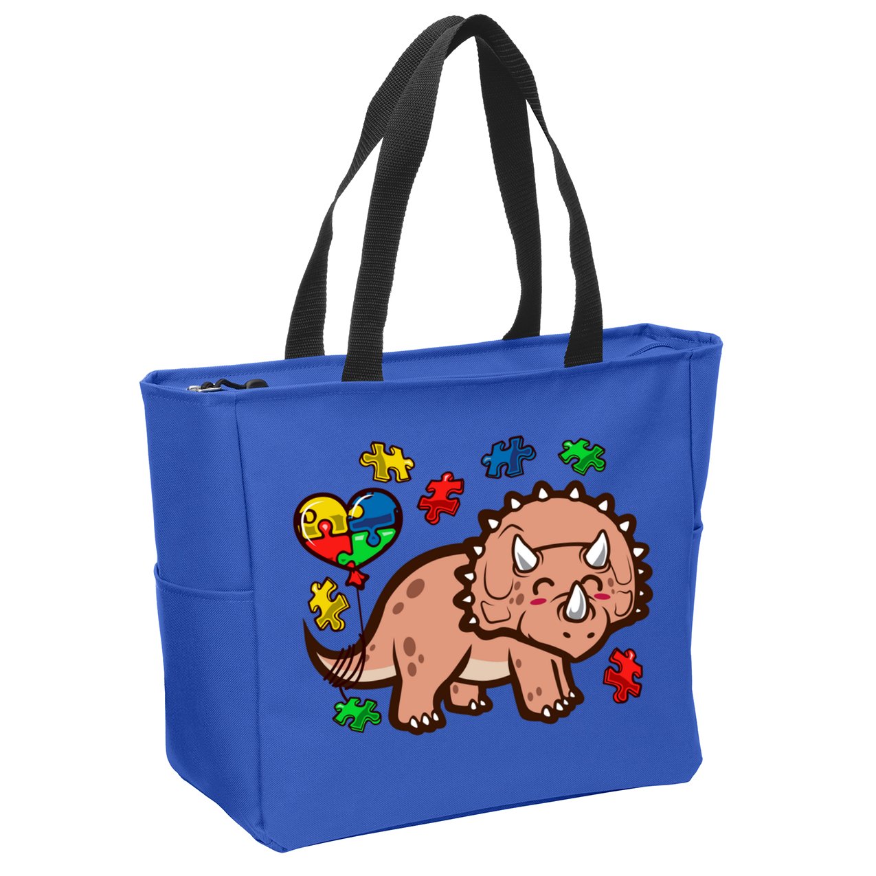 Autism Awareness Cute Triceratops Dinosaur Puzzle Heart Love Gift Zip Tote Bag