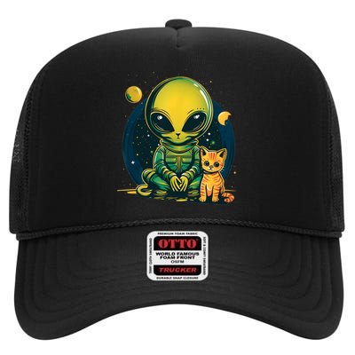 Alien And Cat Funny Cat Selfie With Alien Vintage Ufo Funny High Crown Mesh Back Trucker Hat