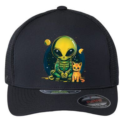 Alien And Cat Funny Cat Selfie With Alien Vintage Ufo Funny Flexfit Unipanel Trucker Cap