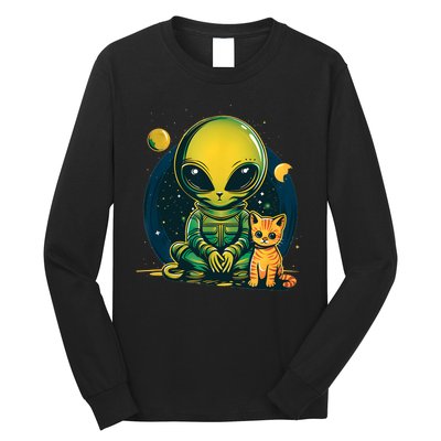 Alien And Cat Funny Cat Selfie With Alien Vintage Ufo Funny Long Sleeve Shirt