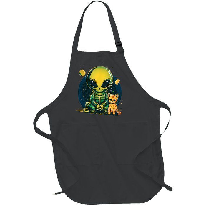 Alien And Cat Funny Cat Selfie With Alien Vintage Ufo Funny Full-Length Apron With Pockets