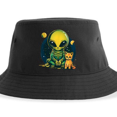 Alien And Cat Funny Cat Selfie With Alien Vintage Ufo Funny Sustainable Bucket Hat