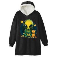 Alien And Cat Funny Cat Selfie With Alien Vintage Ufo Funny Hooded Wearable Blanket