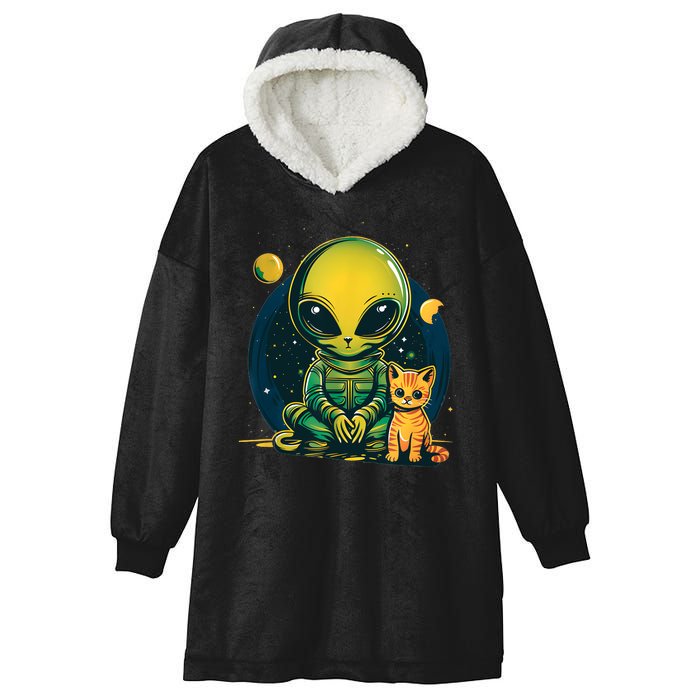 Alien And Cat Funny Cat Selfie With Alien Vintage Ufo Funny Hooded Wearable Blanket