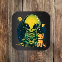 Alien And Cat Funny Cat Selfie With Alien Vintage Ufo Funny Coaster