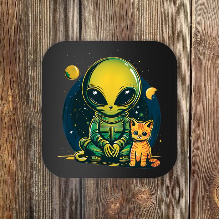 Alien And Cat Funny Cat Selfie With Alien Vintage Ufo Funny Coaster