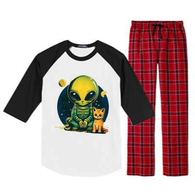 Alien And Cat Funny Cat Selfie With Alien Vintage Ufo Funny Raglan Sleeve Pajama Set