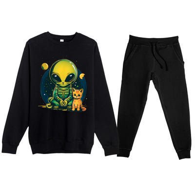 Alien And Cat Funny Cat Selfie With Alien Vintage Ufo Funny Premium Crewneck Sweatsuit Set