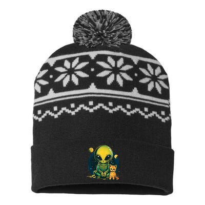 Alien And Cat Funny Cat Selfie With Alien Vintage Ufo Funny USA-Made Snowflake Beanie