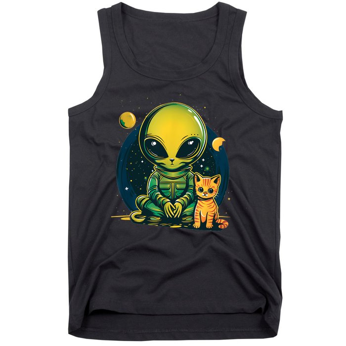 Alien And Cat Funny Cat Selfie With Alien Vintage Ufo Funny Tank Top