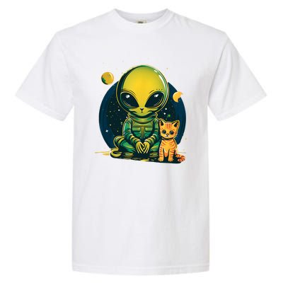 Alien And Cat Funny Cat Selfie With Alien Vintage Ufo Funny Garment-Dyed Heavyweight T-Shirt