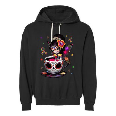 Autism Awareness Coffee Sugar Skull  Autism Dad Mom Gift Garment-Dyed Fleece Hoodie