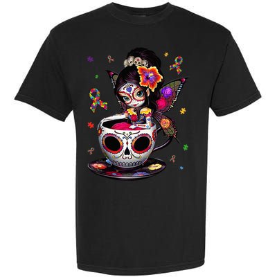 Autism Awareness Coffee Sugar Skull  Autism Dad Mom Gift Garment-Dyed Heavyweight T-Shirt