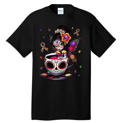 Autism Awareness Coffee Sugar Skull  Autism Dad Mom Gift Tall T-Shirt