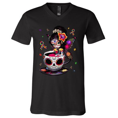 Autism Awareness Coffee Sugar Skull  Autism Dad Mom Gift V-Neck T-Shirt