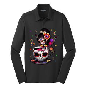 Autism Awareness Coffee Sugar Skull  Autism Dad Mom Gift Silk Touch Performance Long Sleeve Polo