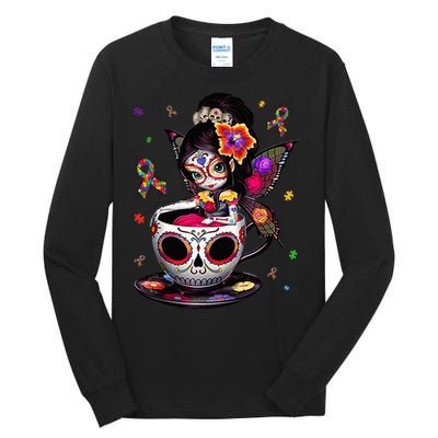 Autism Awareness Coffee Sugar Skull  Autism Dad Mom Gift Tall Long Sleeve T-Shirt