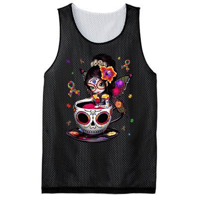 Autism Awareness Coffee Sugar Skull  Autism Dad Mom Gift Mesh Reversible Basketball Jersey Tank