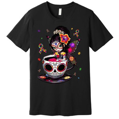 Autism Awareness Coffee Sugar Skull  Autism Dad Mom Gift Premium T-Shirt