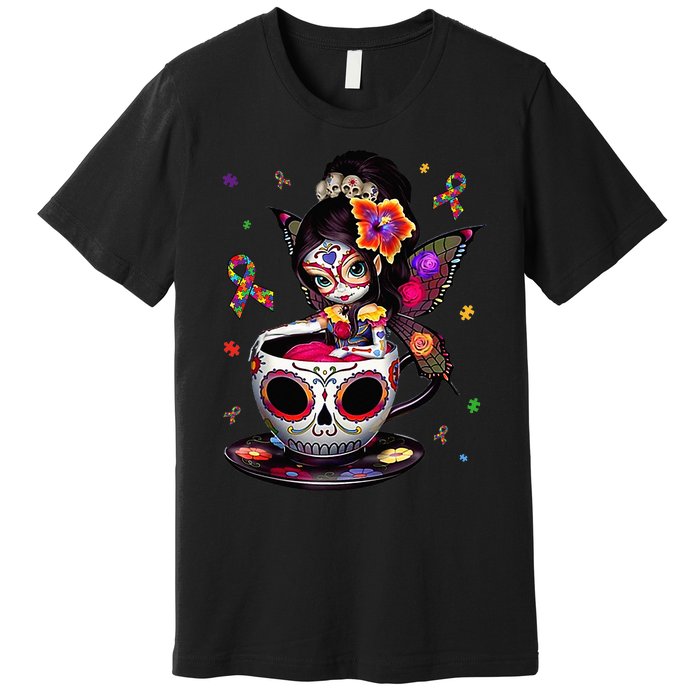 Autism Awareness Coffee Sugar Skull  Autism Dad Mom Gift Premium T-Shirt