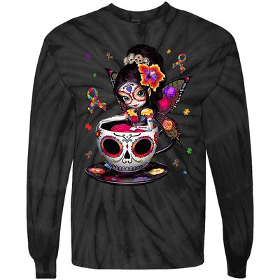 Autism Awareness Coffee Sugar Skull  Autism Dad Mom Gift Tie-Dye Long Sleeve Shirt