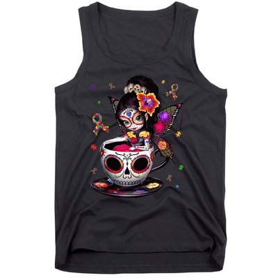 Autism Awareness Coffee Sugar Skull  Autism Dad Mom Gift Tank Top